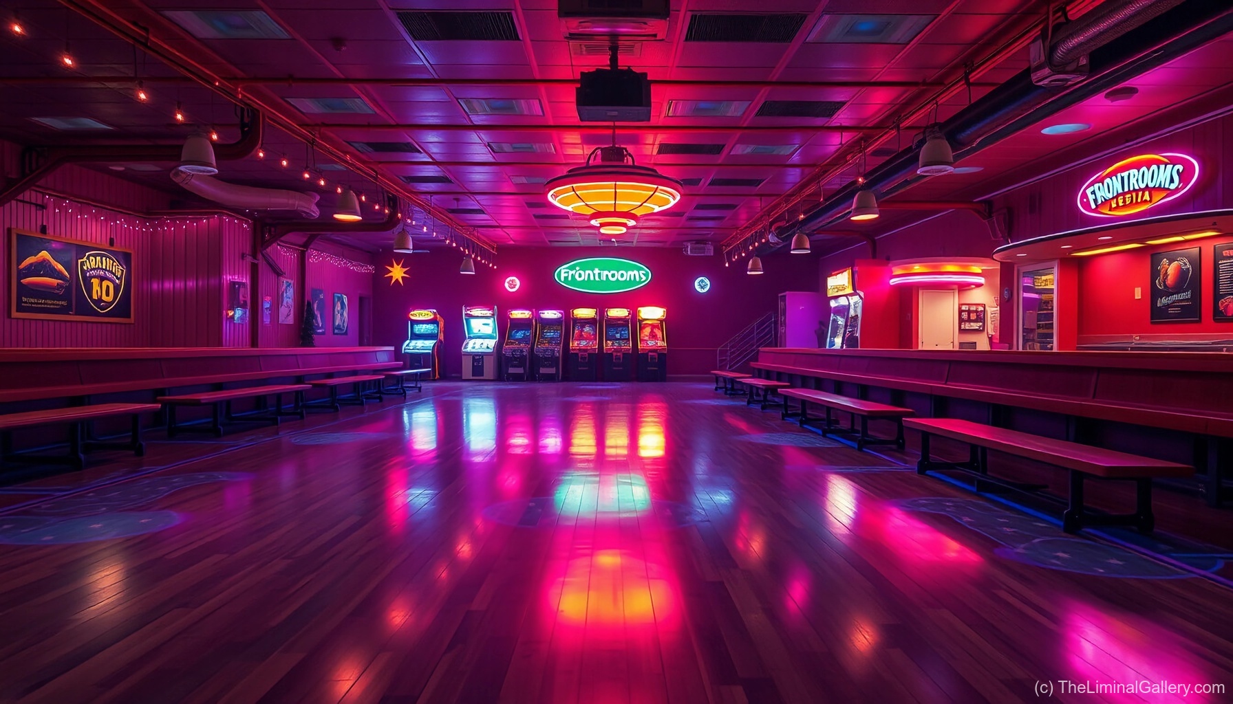 Retro neon lights and nostalgic emptiness define Level 31, Roller Rink, a classic liminal 80s-inspired space.